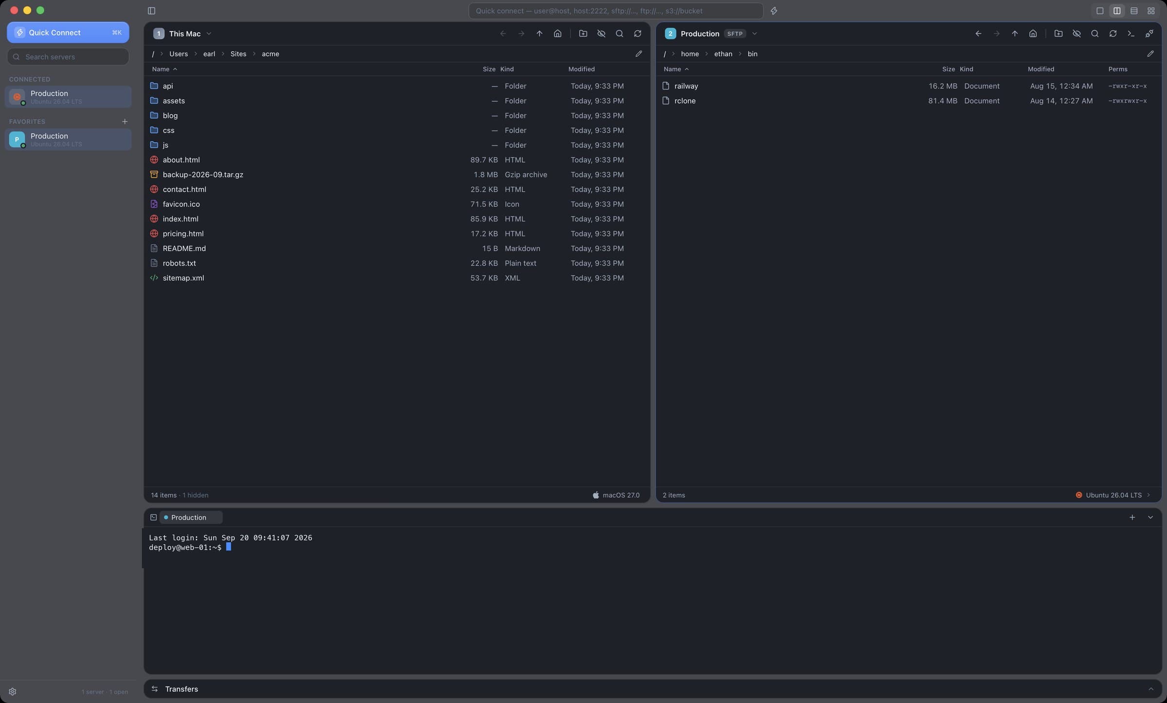 Ferry with a local folder on the left, an Ubuntu server on the right and a terminal below