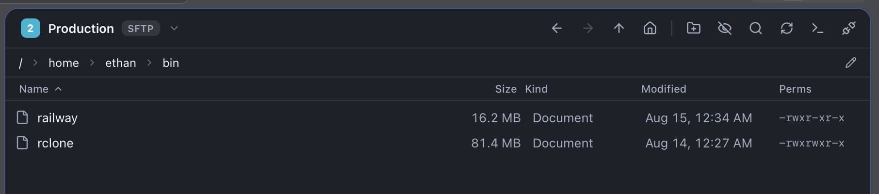 A connected Ubuntu server pane with permissions and dates