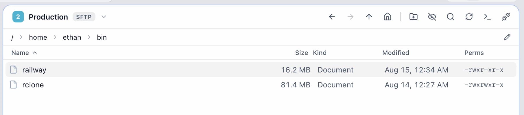 A connected Ubuntu server pane with permissions and dates