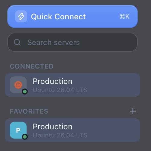 Sidebar with a connected server showing its OS