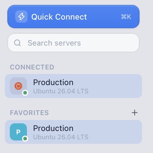 Sidebar with a connected server showing its OS